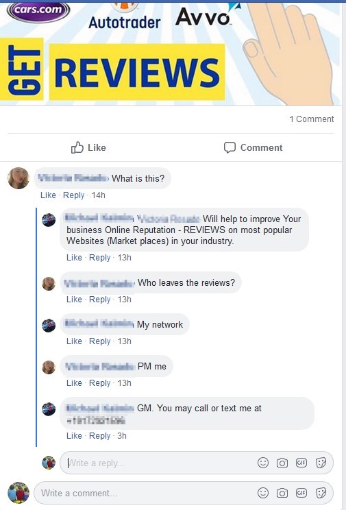 Offer to write and post fake reviews on behalf of businesses on a Facebook group wall.